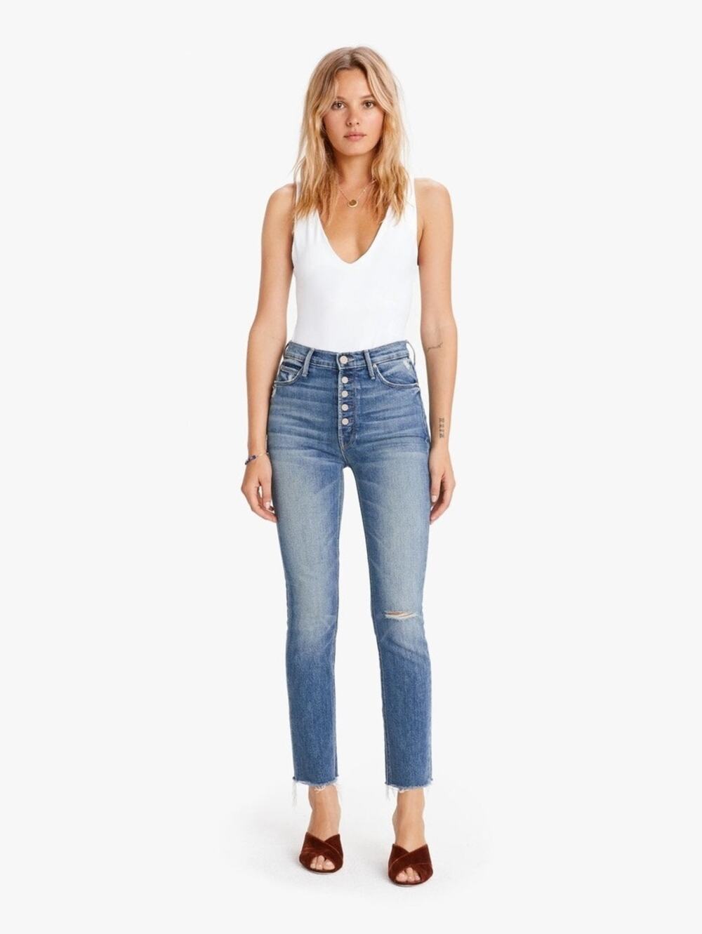 Mother Pixie Dazzler High Rise Straight Leg Distressed Denim Blue Jeans 28